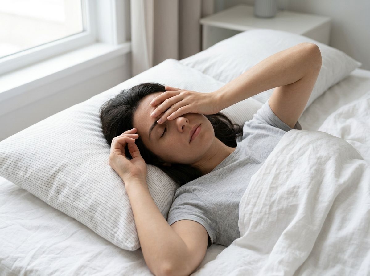 Капельницы с тиоктовой кислотой Женщина лежит на кровати, прикрыв лоб рукой